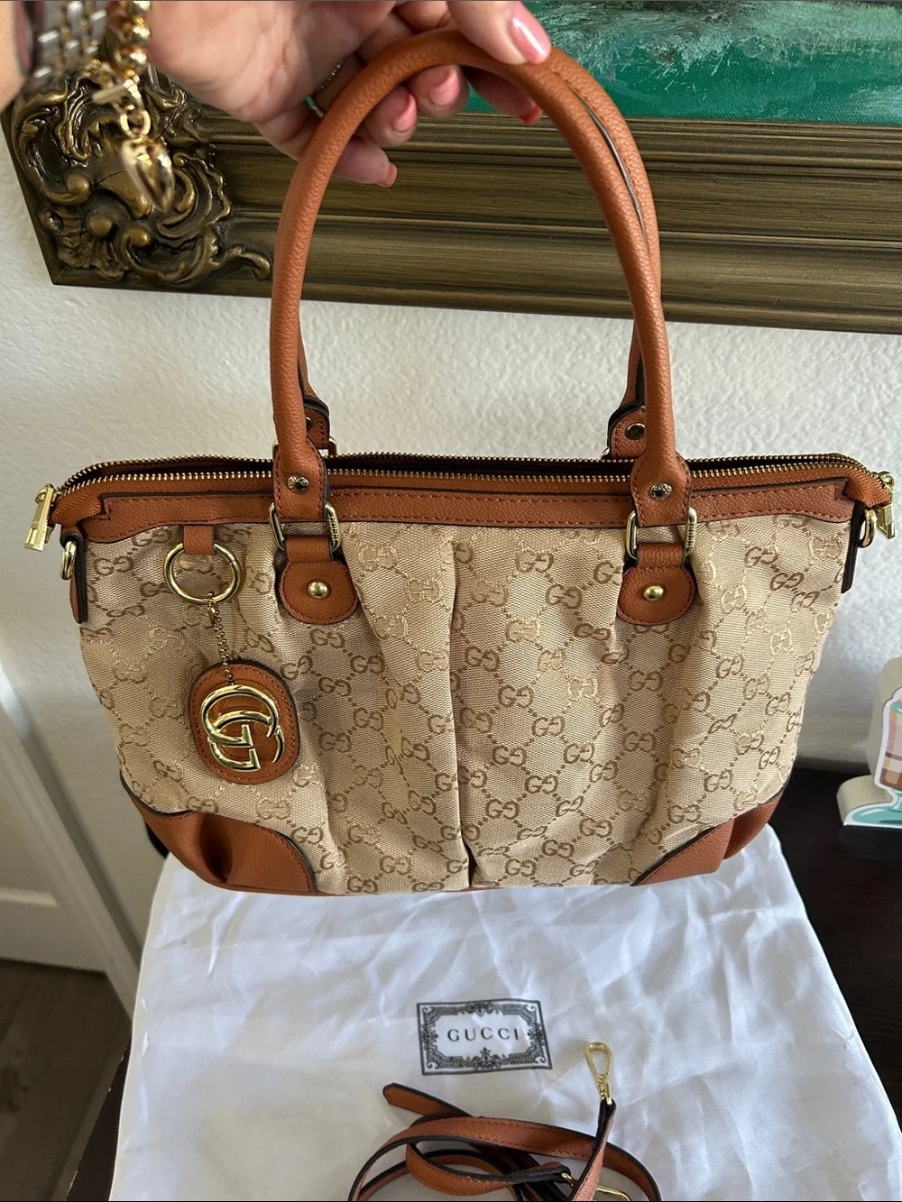 Beige Monogram Canvas Shoulder Bag with Brown Trim